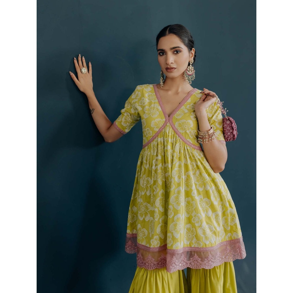 Old Marigold Shireen Yellow Cotton Floral Kurta With Sharara (Set of 2)