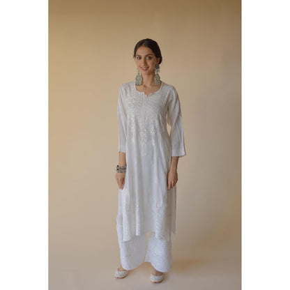 Old Marigold Razina White Modal Heavy Hand Embroidered Chikankari Kurta