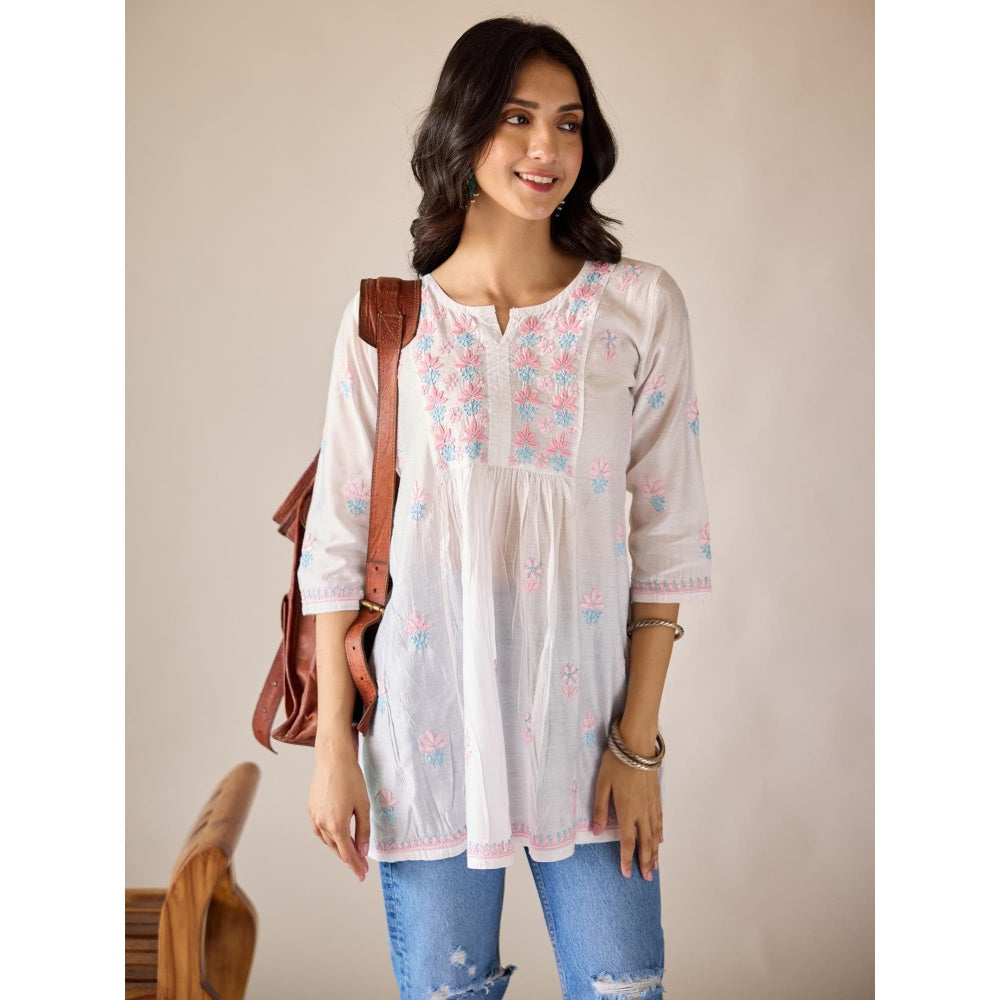 Old Marigold Anamika White Chanderi Hand Embroidered Short Chikankari Kurti
