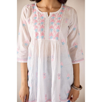 Old Marigold Anamika White Chanderi Hand Embroidered Short Chikankari Kurti
