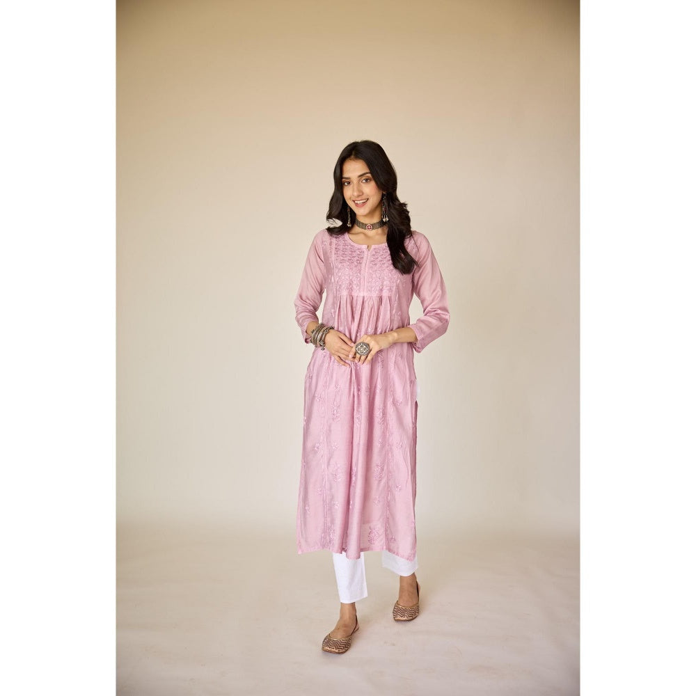 Old Marigold Rim Purple Chanderi Hand Embroidered Chikankari Kurta