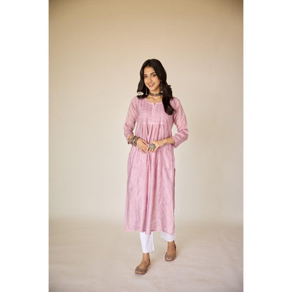 Old Marigold Rim Purple Chanderi Hand Embroidered Chikankari Kurta
