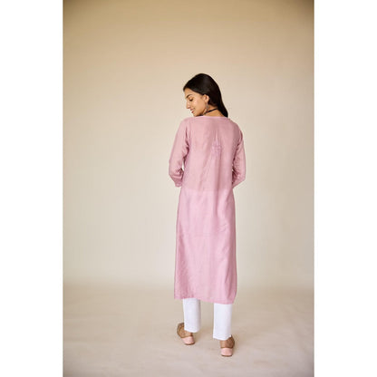 Old Marigold Rim Purple Chanderi Hand Embroidered Chikankari Kurta