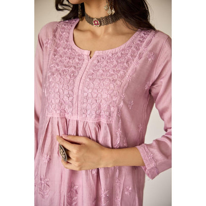 Old Marigold Rim Purple Chanderi Hand Embroidered Chikankari Kurta