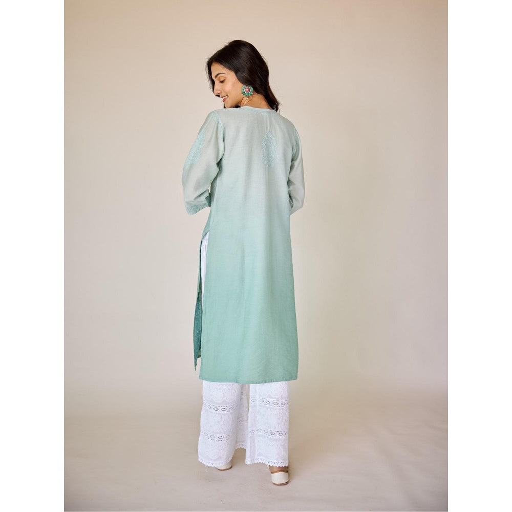 Old Marigold Basima Turquoise Ombre Chanderi Hand Embroidered Chikankari Kurta