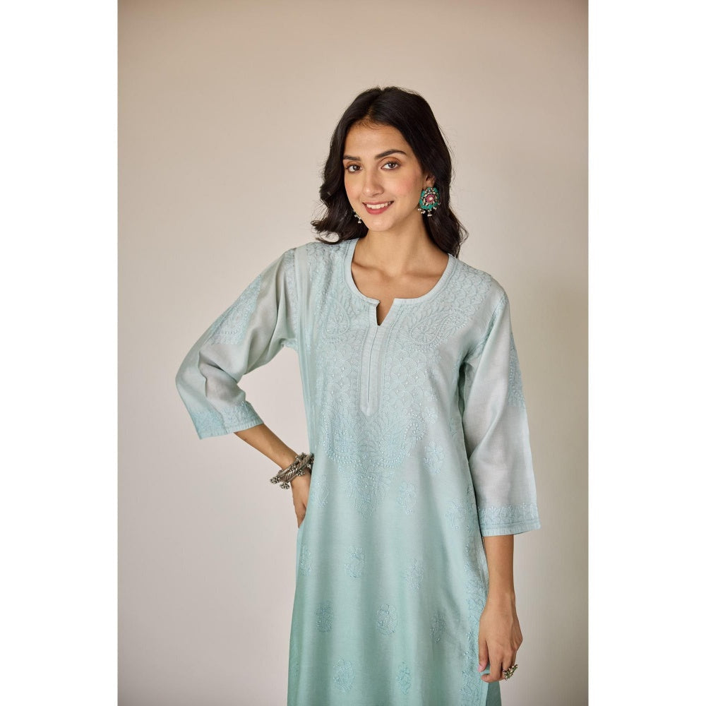 Old Marigold Basima Turquoise Ombre Chanderi Hand Embroidered Chikankari Kurta