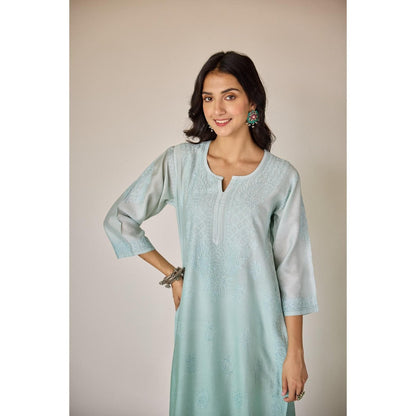 Old Marigold Basima Turquoise Ombre Chanderi Hand Embroidered Chikankari Kurta