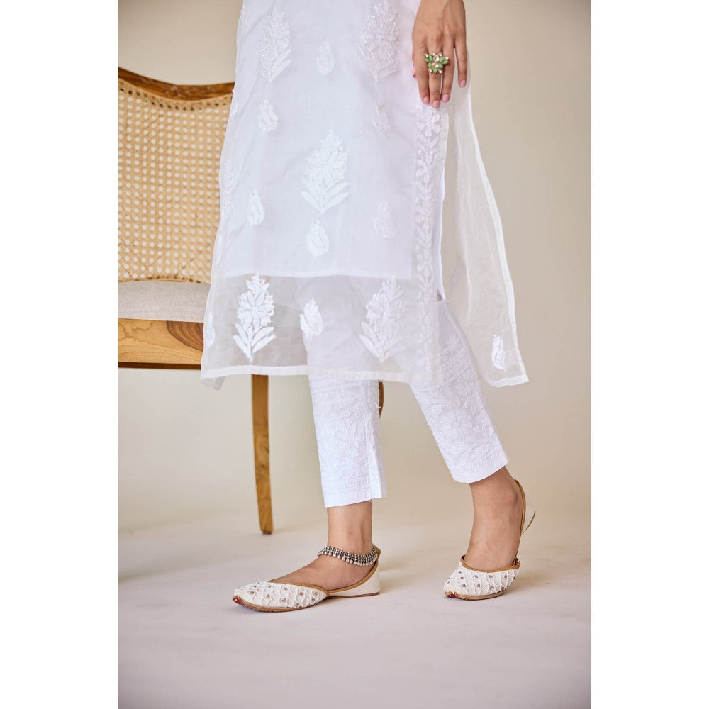 Old Marigold Raffia White Cotton Lycra Hand Embroidered Chikankari Straight Pant