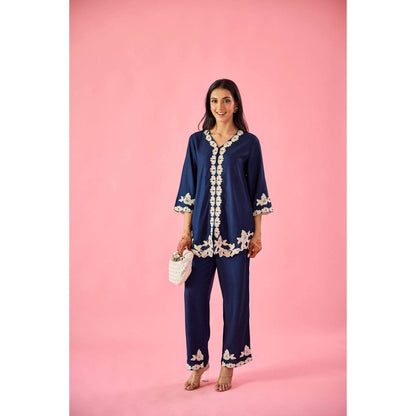 Old Marigold Whisper Navy Blue Cotton Embroidered Co-Ord (Set of 2)