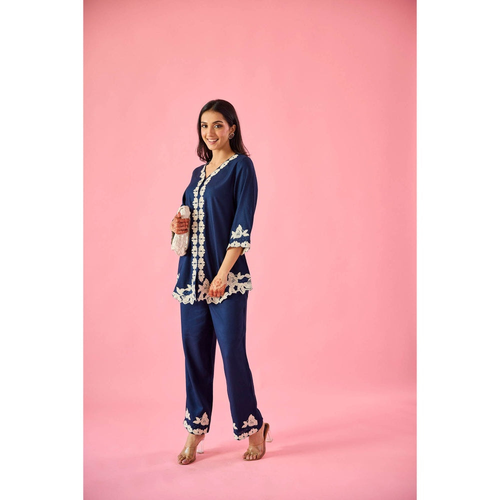 Old Marigold Whisper Navy Blue Cotton Embroidered Co-Ord (Set of 2)