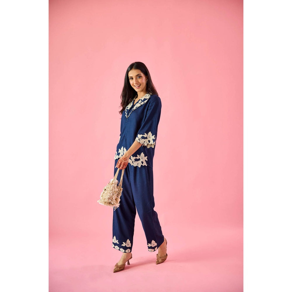 Old Marigold Breeze Navy Blue Cotton Embroidered Co-Ord (Set of 2)