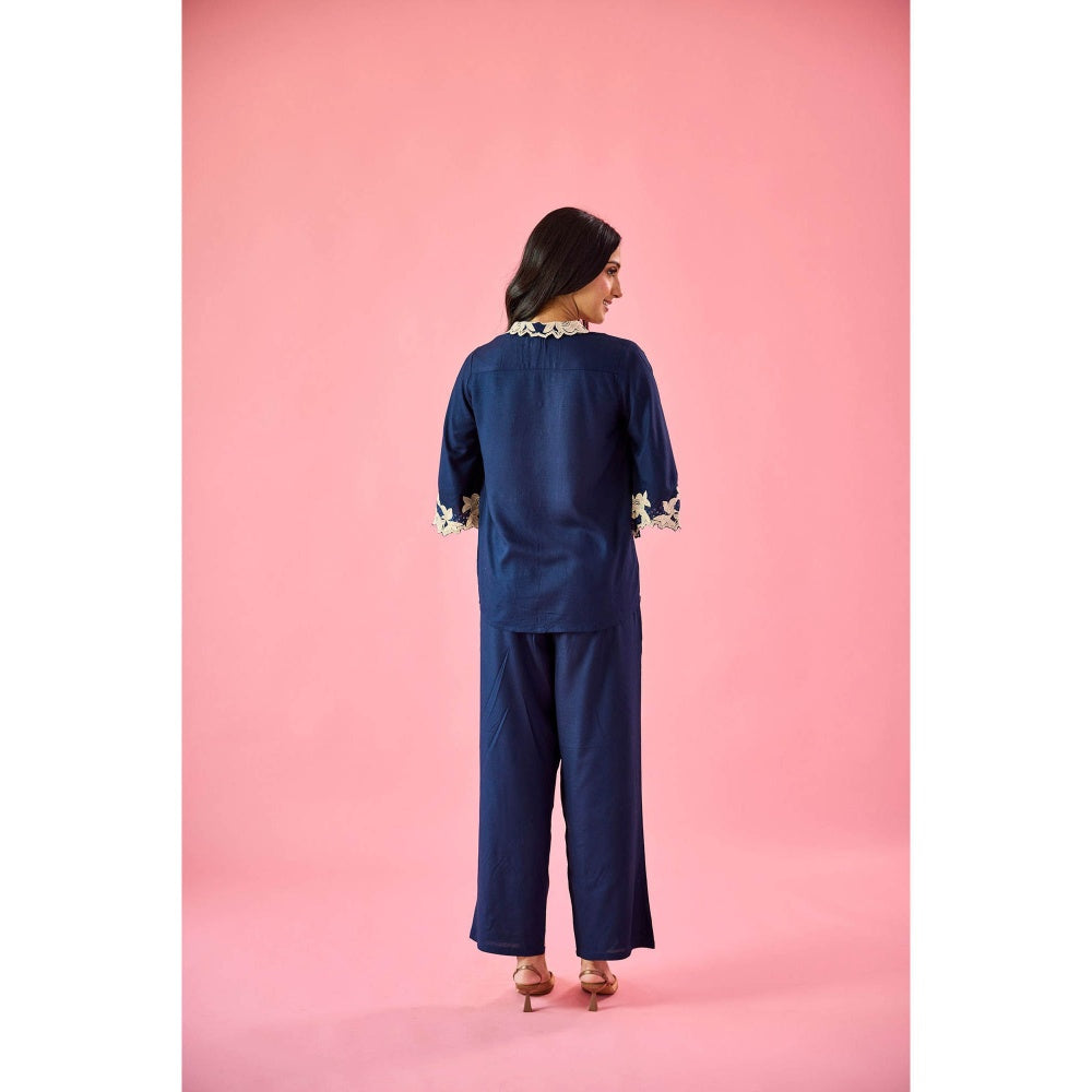 Old Marigold Breeze Navy Blue Cotton Embroidered Co-Ord (Set of 2)