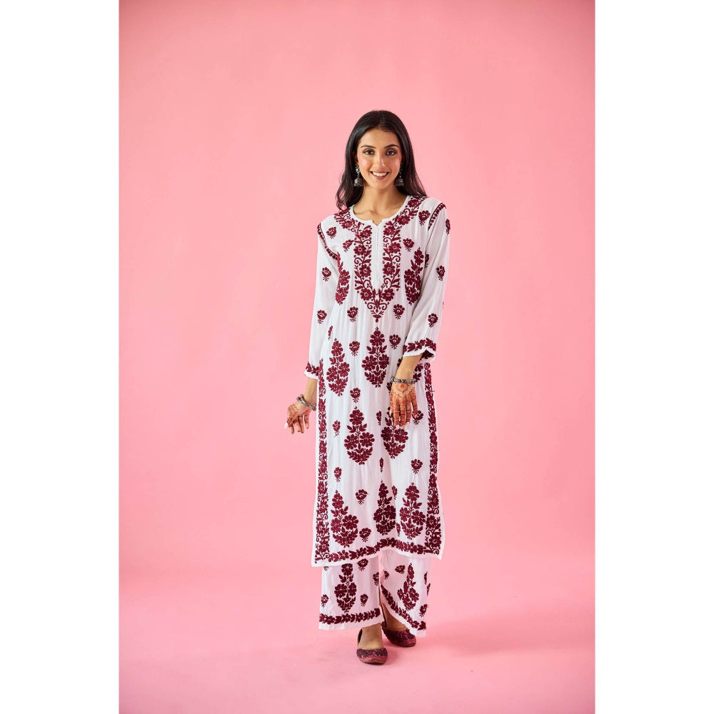Old Marigold Gyaani Maroon Modal Hand Embroidered Chikankari Kurta with Palazzo (Set of 2)