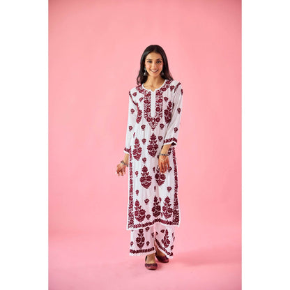 Old Marigold Gyaani Maroon Modal Hand Embroidered Chikankari Kurta with Palazzo (Set of 2)