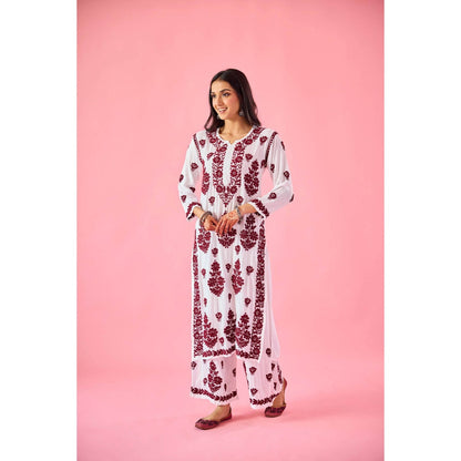 Old Marigold Gyaani Maroon Modal Hand Embroidered Chikankari Kurta with Palazzo (Set of 2)