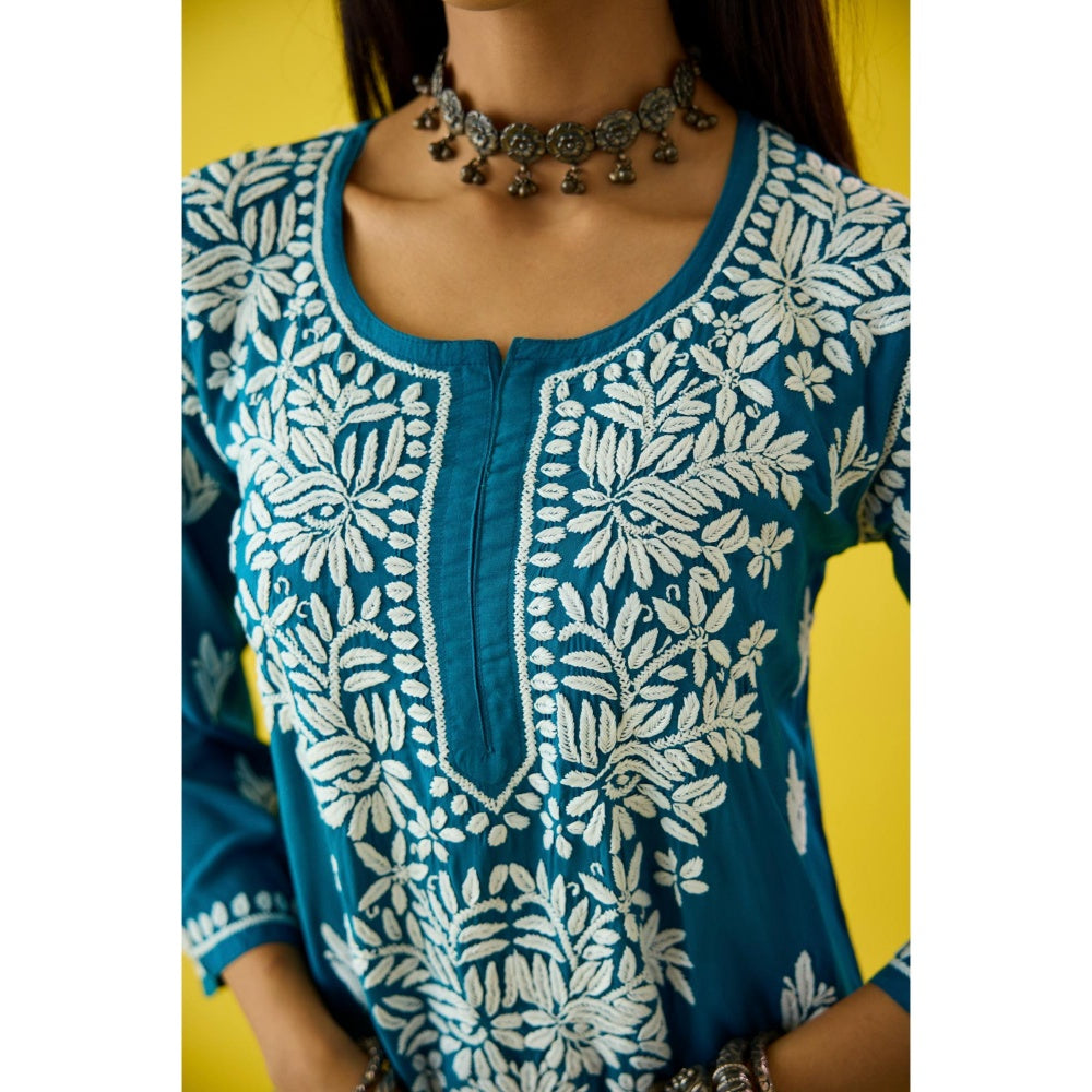 Old Marigold Aanya Blue Modal Hand Embroidered Chikankari Kurta And Pant (Set of 2)