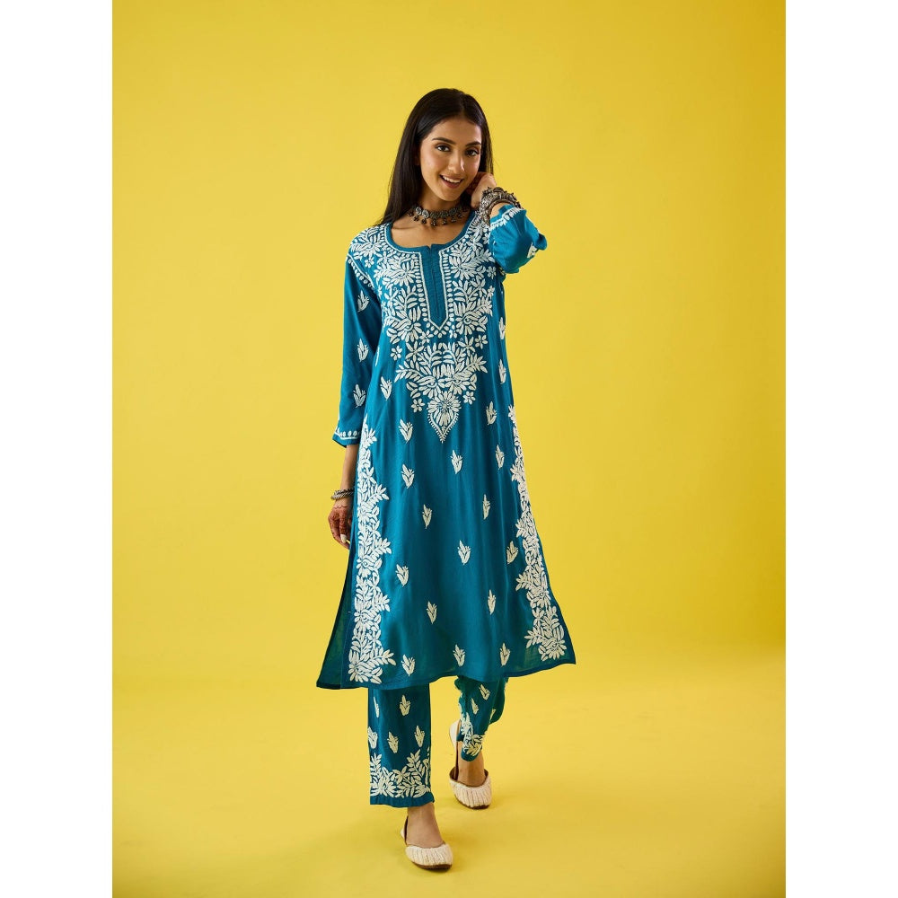 Old Marigold Aanya Blue Modal Hand Embroidered Chikankari Kurta And Pant (Set of 2)
