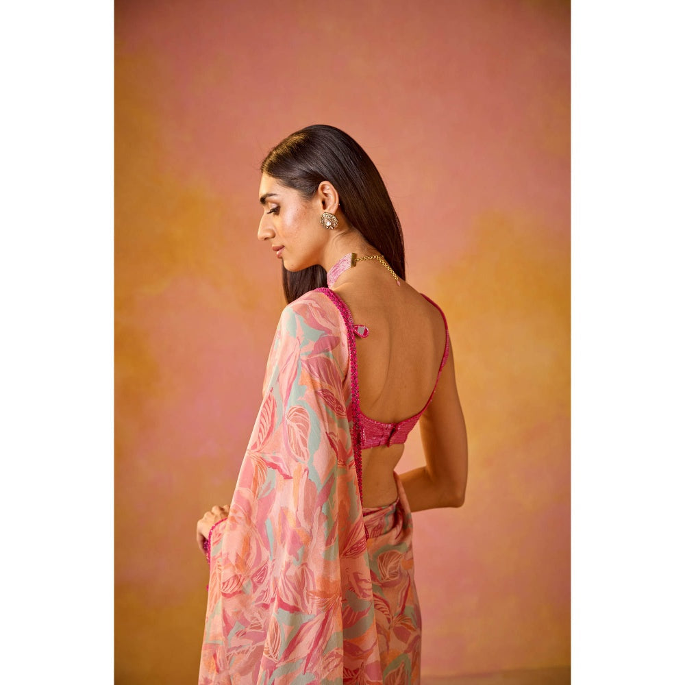 Old Marigold Sitara Pink Crepe Saree with Stitched Blouse