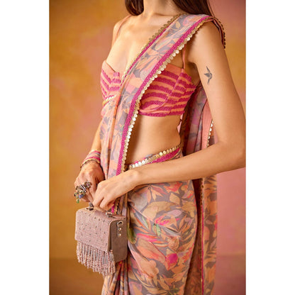 Old Marigold Arzoo Pink Crepe Saree with Stitched Blouse