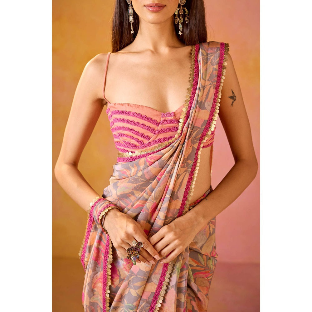 Old Marigold Arzoo Pink Crepe Saree with Stitched Blouse