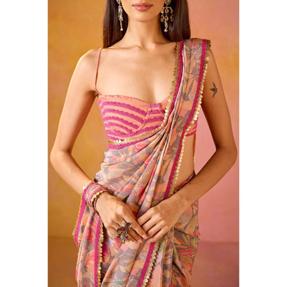 Old Marigold Arzoo Pink Crepe Saree with Stitched Blouse