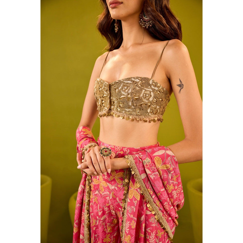 Old Marigold Mannat Pink Muslin Sharara with Gold Blouse and Dupatta (Set of 3)