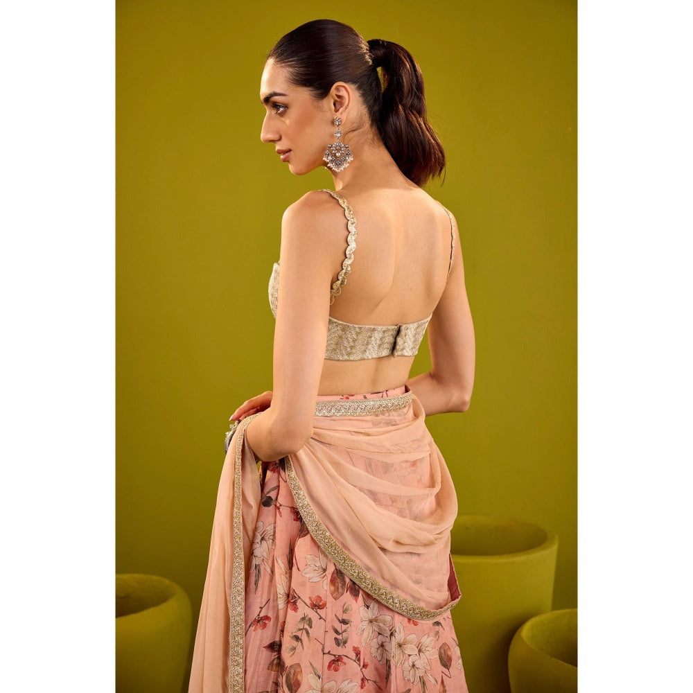 Old Marigold Keisha Peach & Silver Embroidered Lehenga with Blouse and Dupatta (Set of 3)