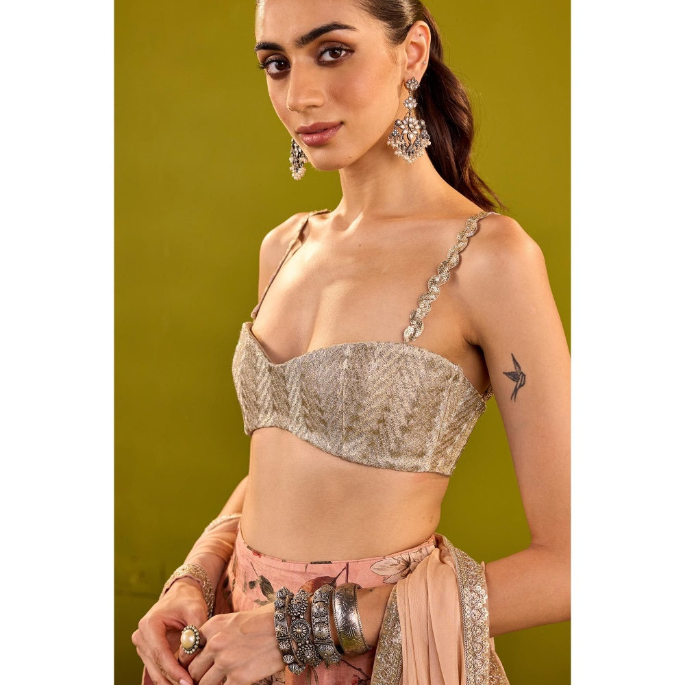 Old Marigold Keisha Peach & Silver Embroidered Lehenga with Blouse and Dupatta (Set of 3)