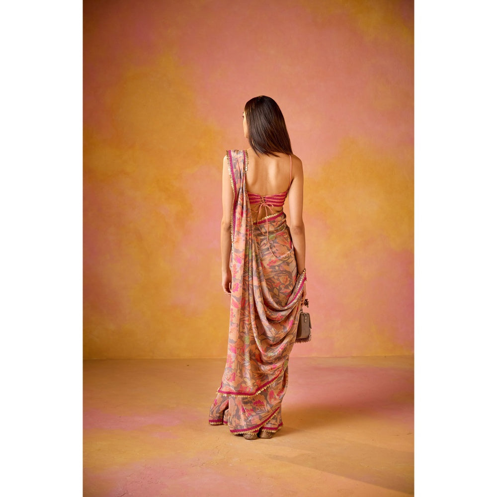 Old Marigold Pai Peach & Hot Pink Applique Tie Up Stitched Blouse