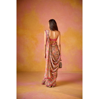 Old Marigold Pai Peach & Hot Pink Applique Tie Up Stitched Blouse