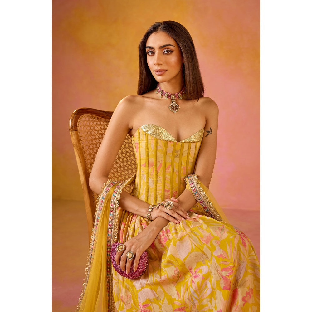 Old Marigold Hania Yellow Sequinned Corset Style Stitched Blouse