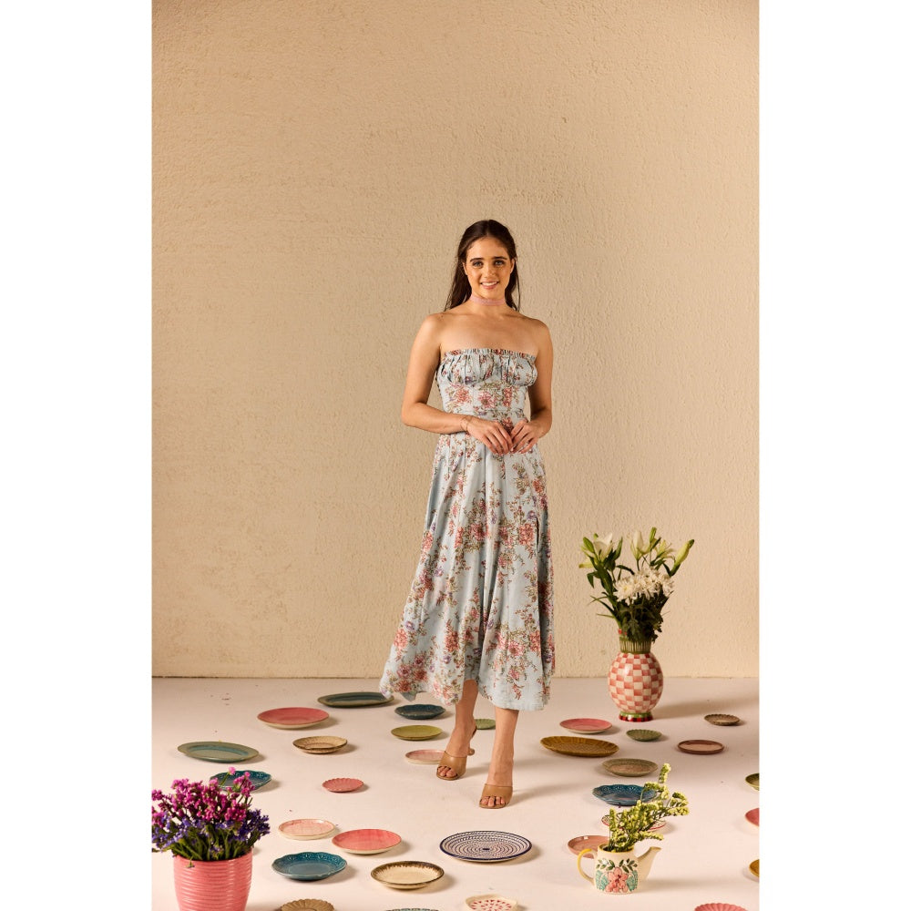 Old Marigold Emily Blue Floral Midi Dress With Corset Jacket (Set of 2)