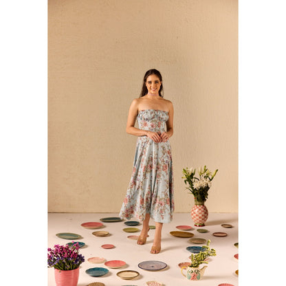 Old Marigold Emily Blue Floral Midi Dress With Corset Jacket (Set of 2)