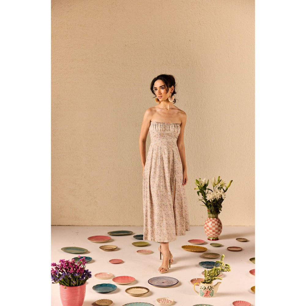 Old Marigold Gardenia Beige Floral Midi Dress With Corset Jacket (Set of 2)