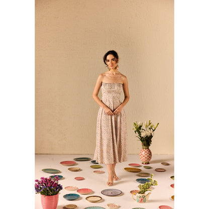 Old Marigold Carina Beige Floral Tube Midi Dress