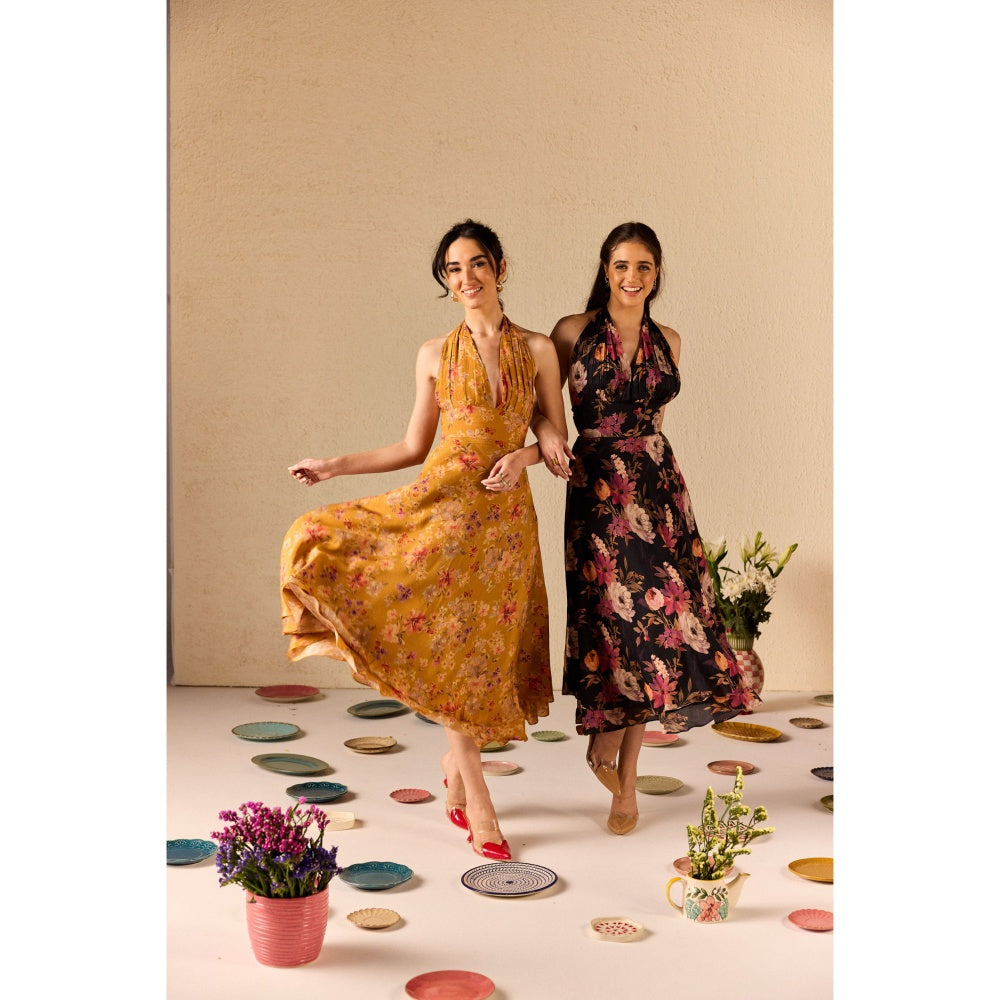 Old Marigold Clio Mustard Floral Halter neck Midi Dress