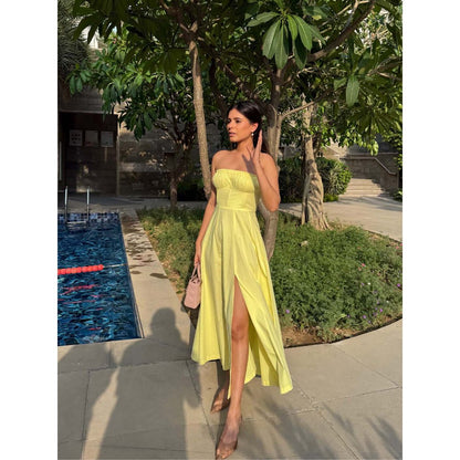 Old Marigold Positano Lemon Yellow Strapless Midi Dress With Corset Jacket (Set of 2)
