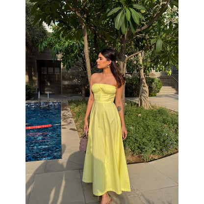 Old Marigold Positano Lemon Yellow Strapless Midi Dress With Corset Jacket (Set of 2)