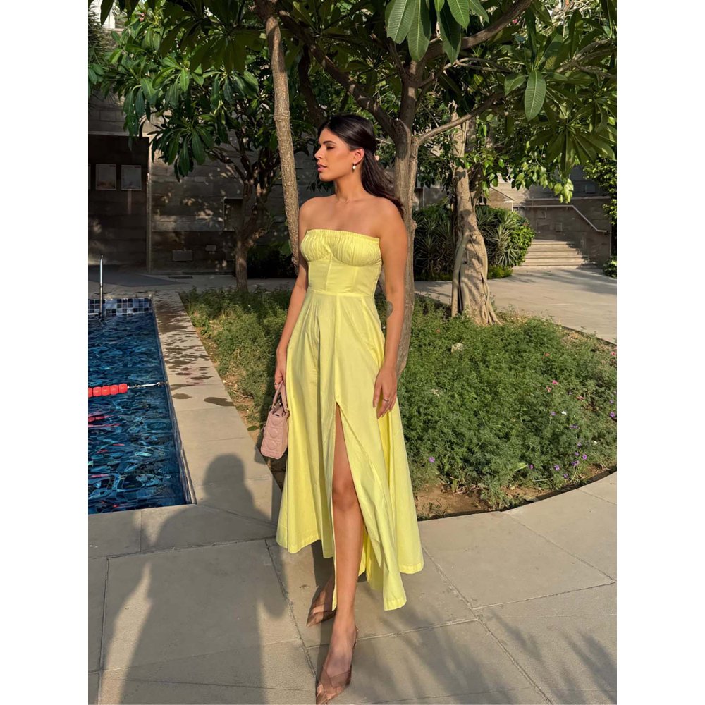 Old Marigold Positano Lemon Yellow Strapless Midi Dress With Corset Jacket (Set of 2)
