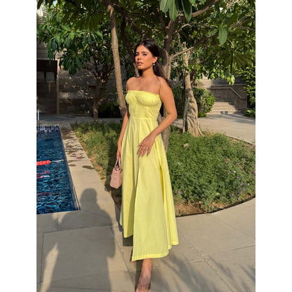 Old Marigold Positano Lemon Yellow Strapless Midi Dress With Corset Jacket (Set of 2)