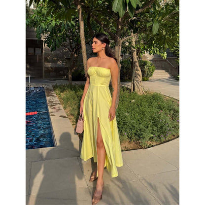 Old Marigold Sorrento Lemon Yellow Corset Tube Midi Dress