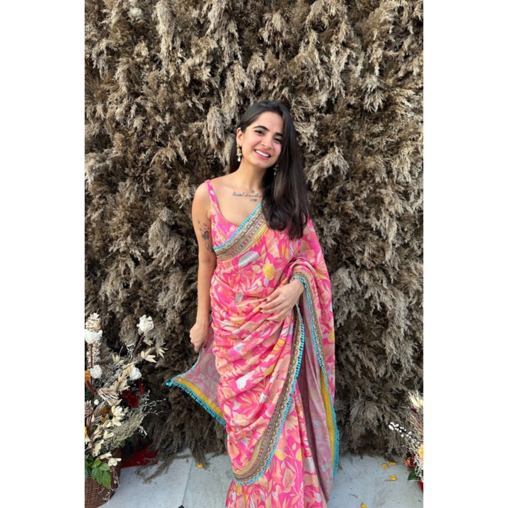 Old Marigold Aina Pink Muslin Printed Saree with Stitched Blouse