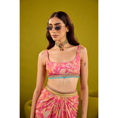 Old Marigold Aina Pink Muslin Printed Saree with Stitched Blouse