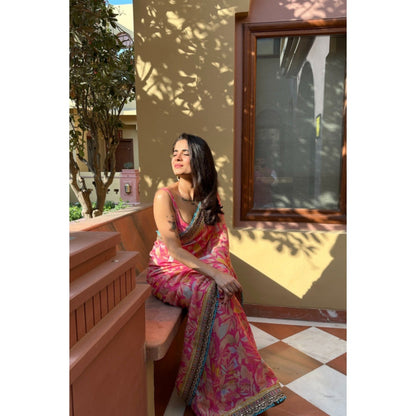 Old Marigold Aina Pink Muslin Printed Saree with Stitched Blouse