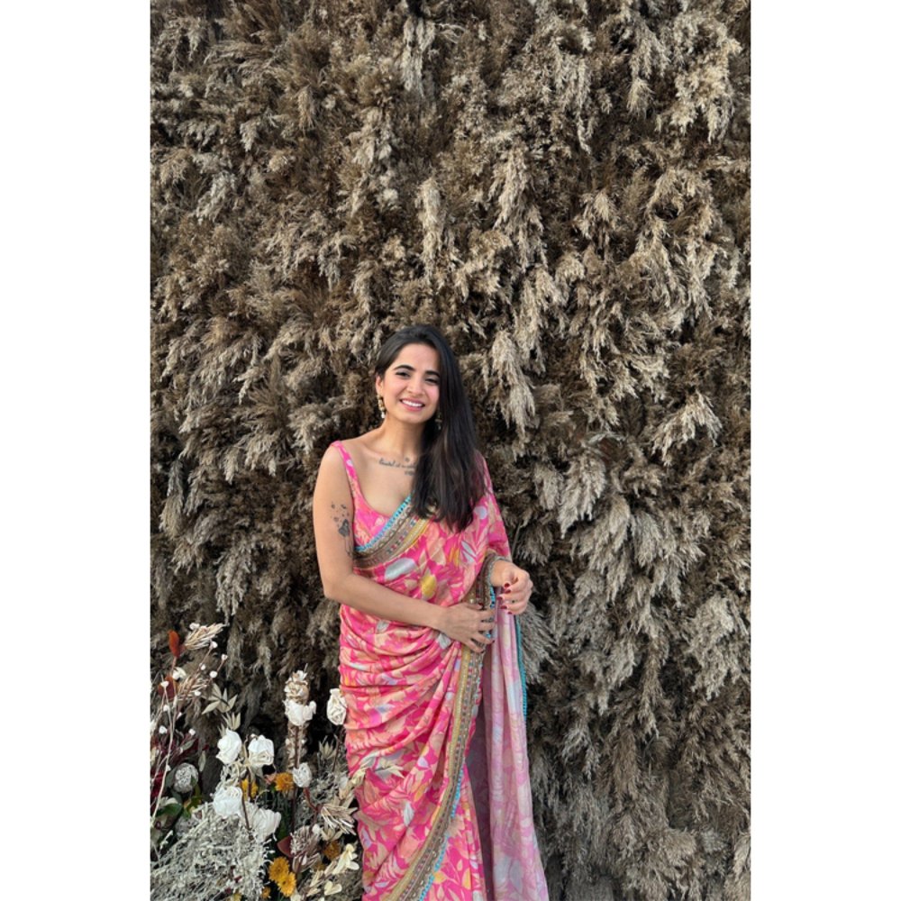 Old Marigold Aina Pink Muslin Printed Saree with Stitched Blouse