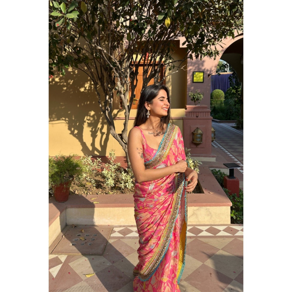 Old Marigold Aina Pink Muslin Printed Saree with Stitched Blouse