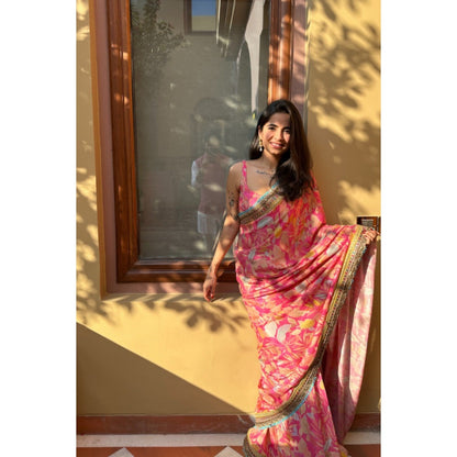 Old Marigold Aina Pink Muslin Printed Saree with Stitched Blouse