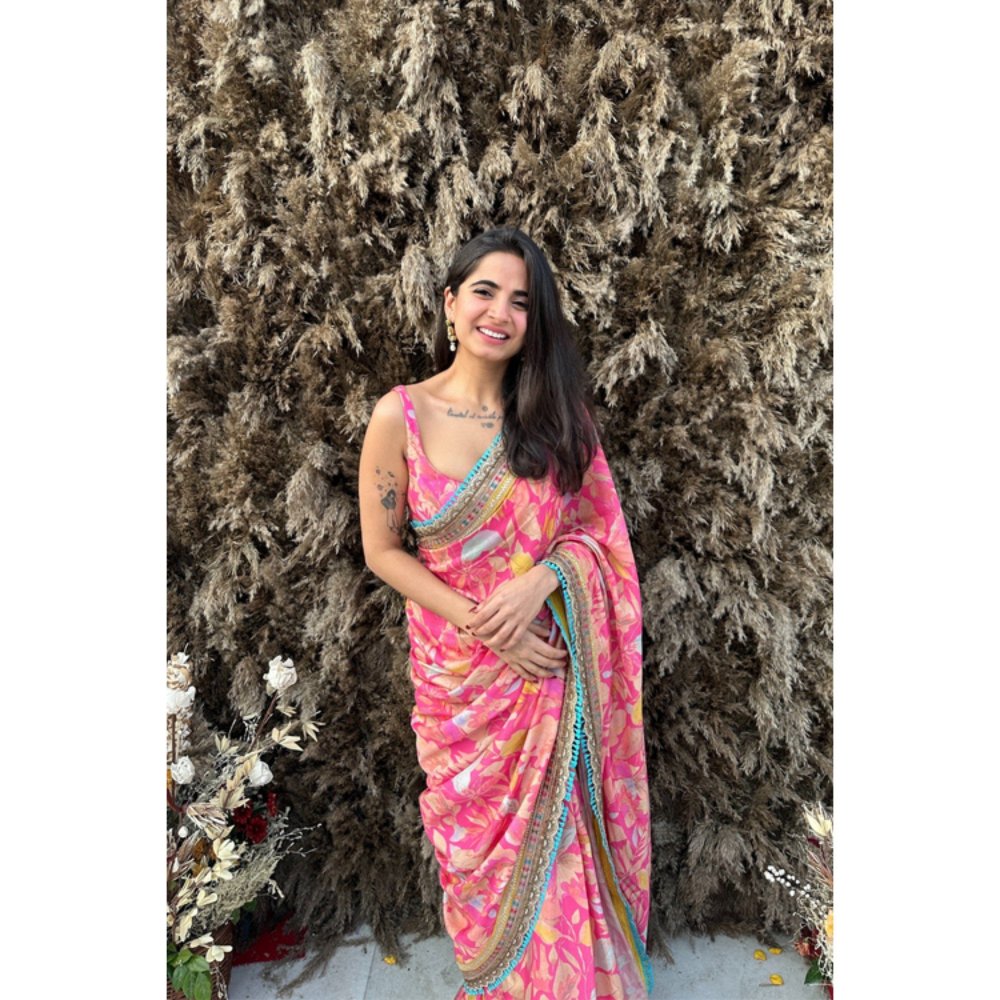 Old Marigold Aina Pink Muslin Printed Saree with Stitched Blouse