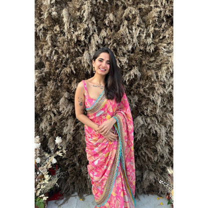Old Marigold Aina Pink Muslin Printed Saree with Stitched Blouse