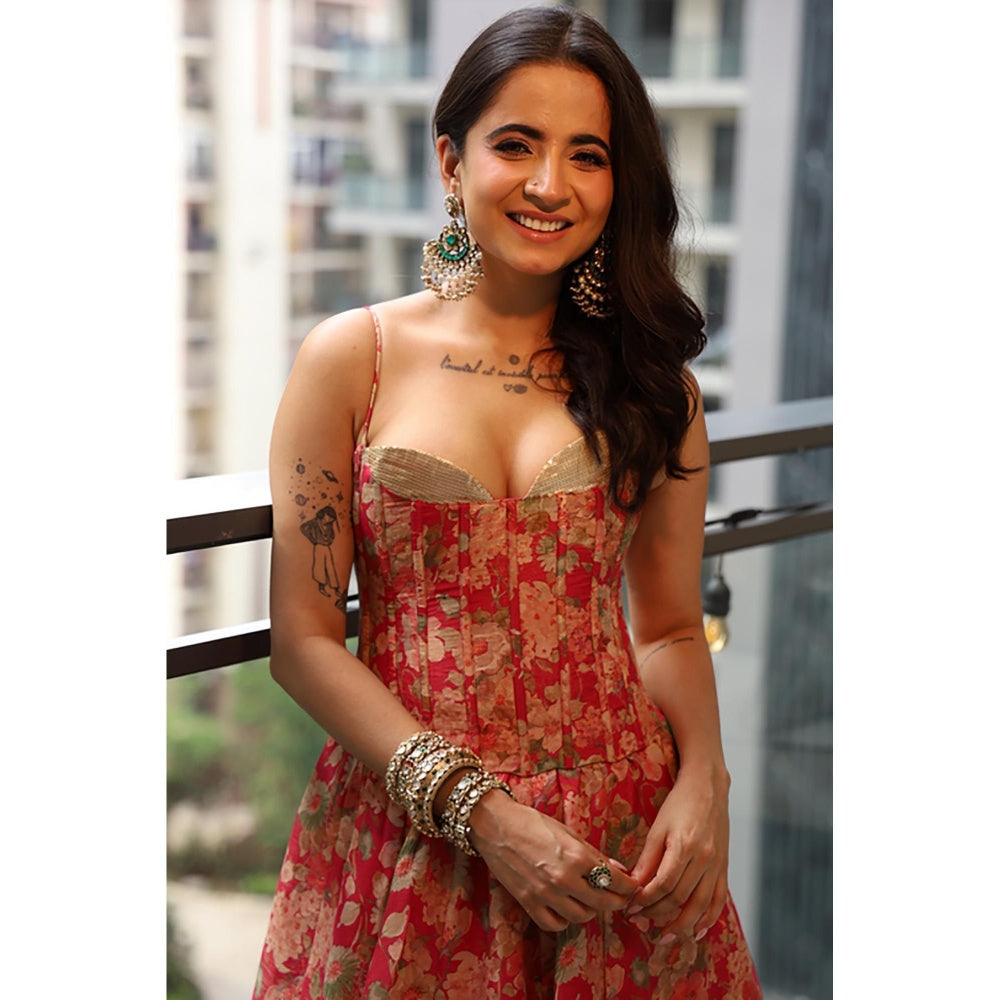 Old Marigold Pink Corset Tissue Lehenga with Blouse and Dupatta